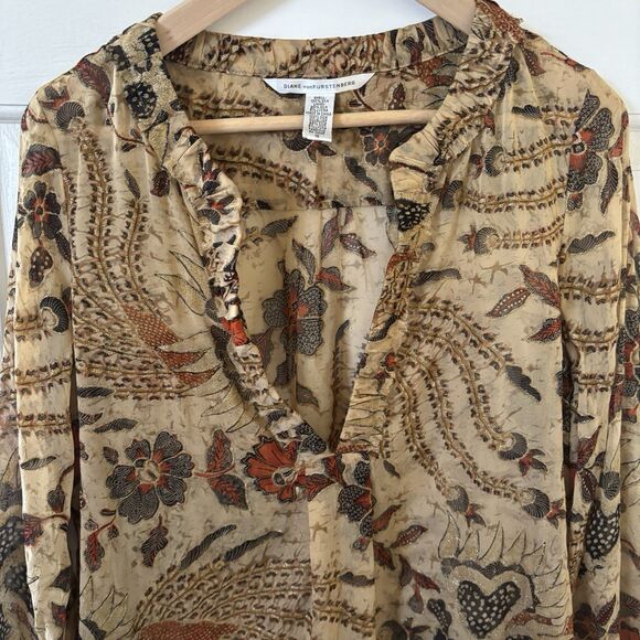 Diane Von Furstenberg Womens Sheer Blouse Silk 10 Brown Floral Romantic Bohemian - Picture 3 of 9